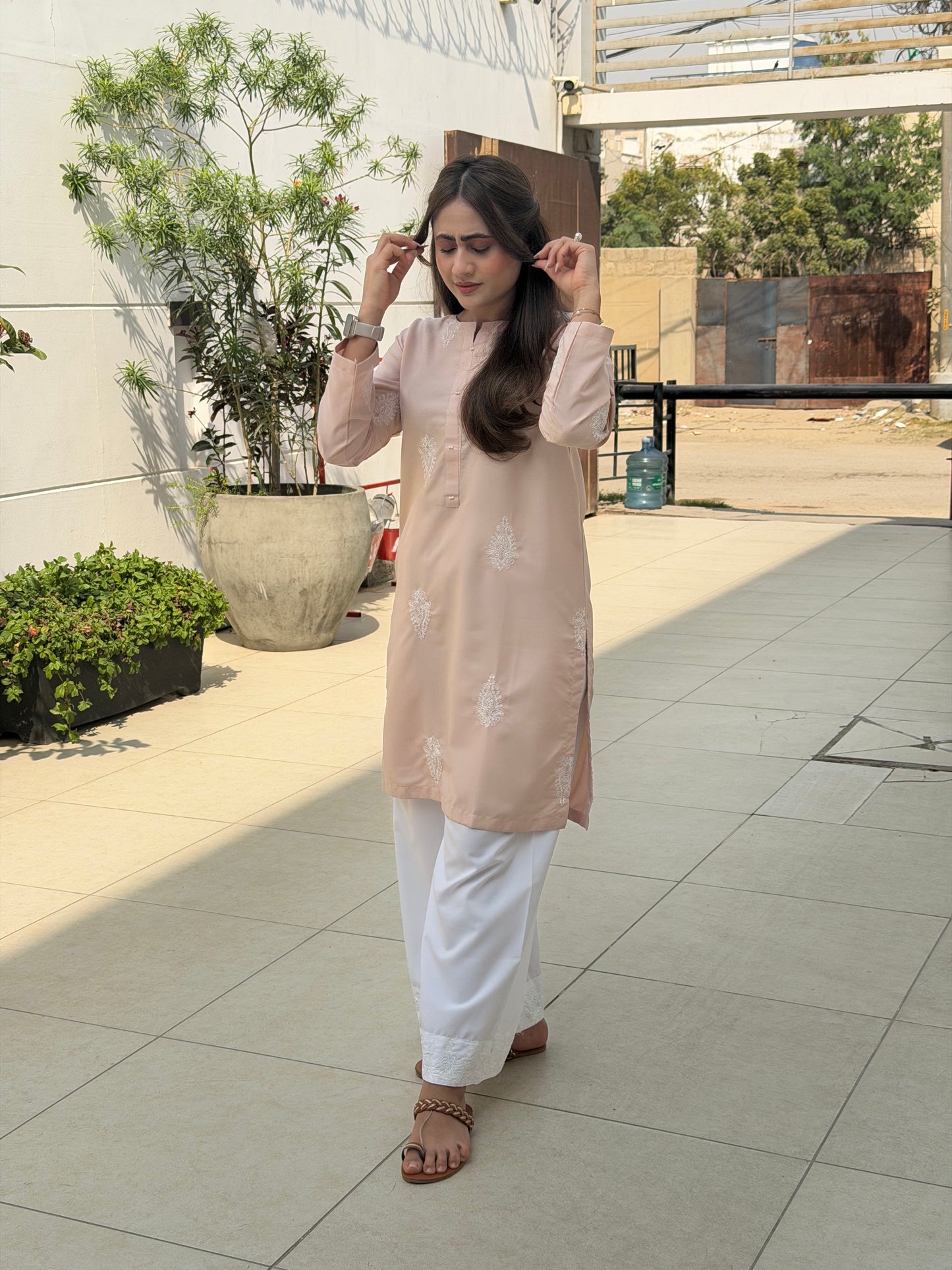 Blush Pink Printed Kurta with White Palazzo Set
