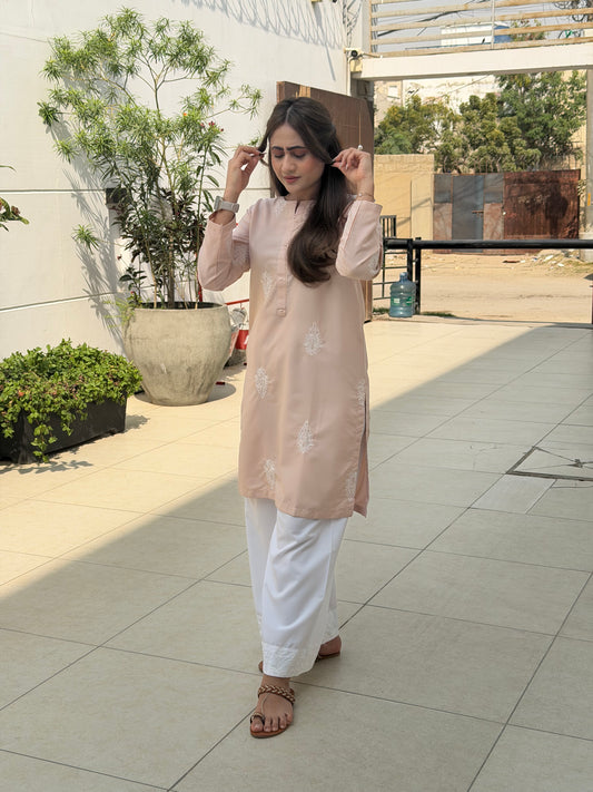 Blush Pink Printed Kurta with White Palazzo Set