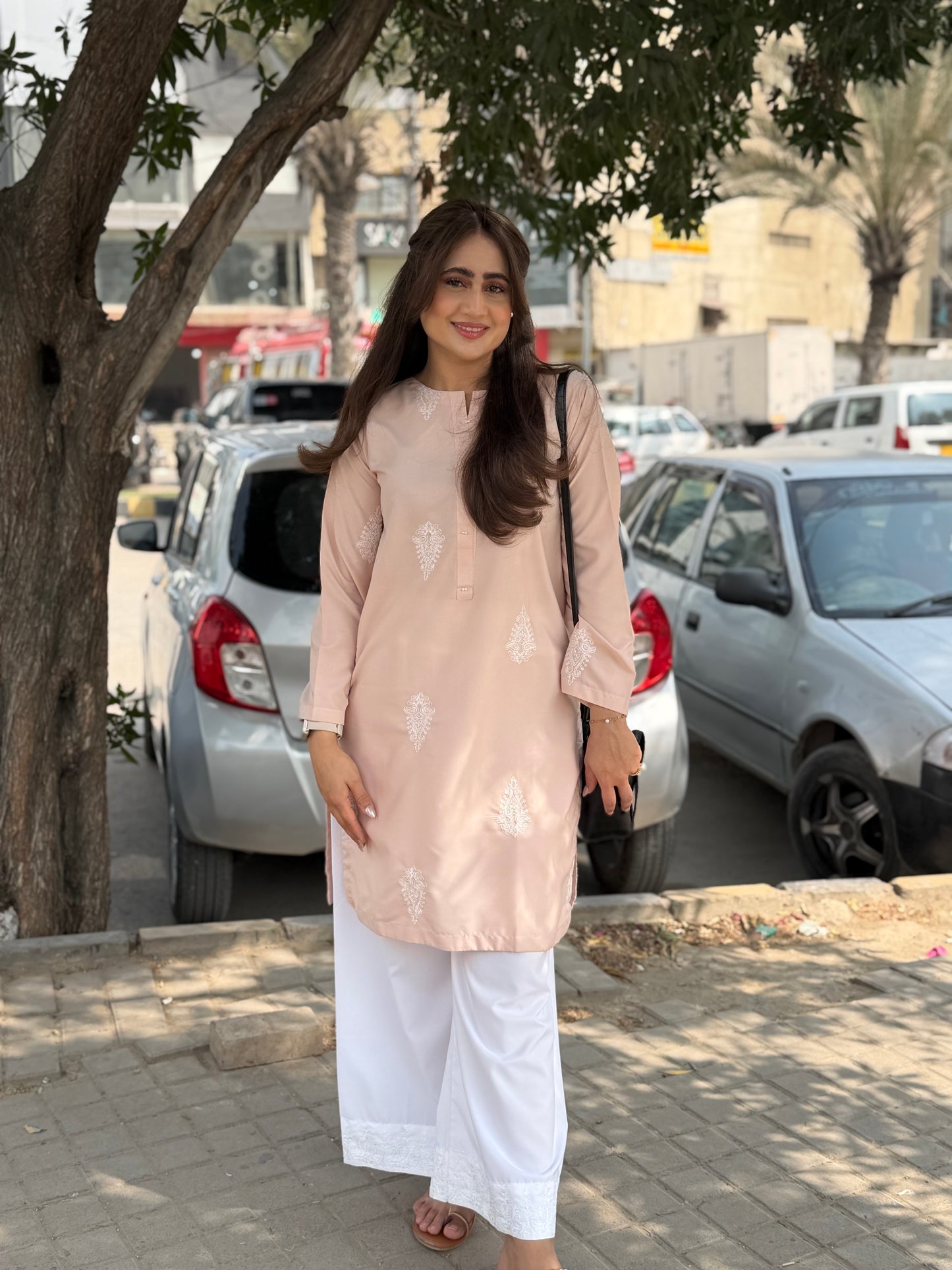 Blush Pink Printed Kurta with White Palazzo Set