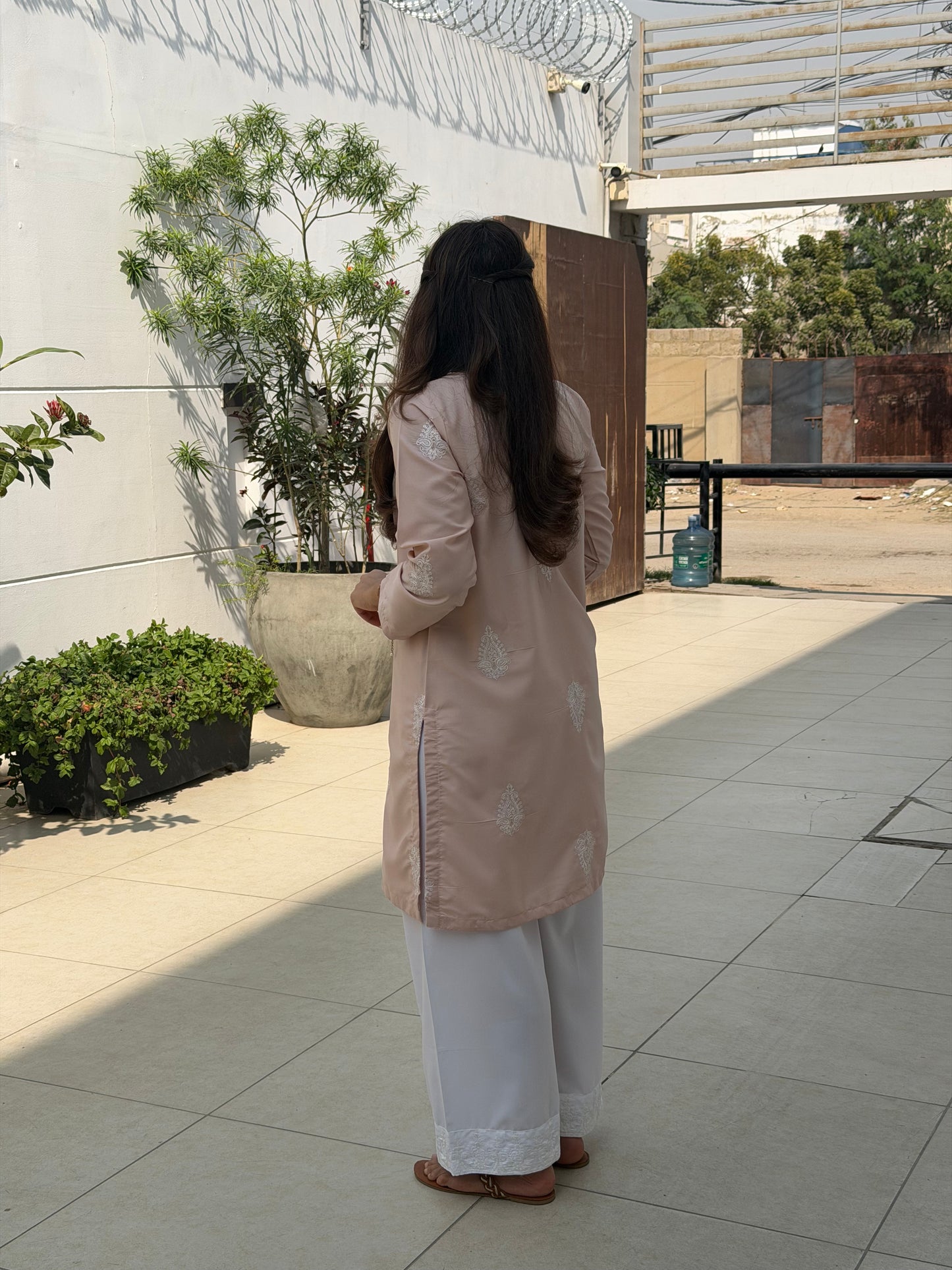 Blush Pink Printed Kurta with White Palazzo Set