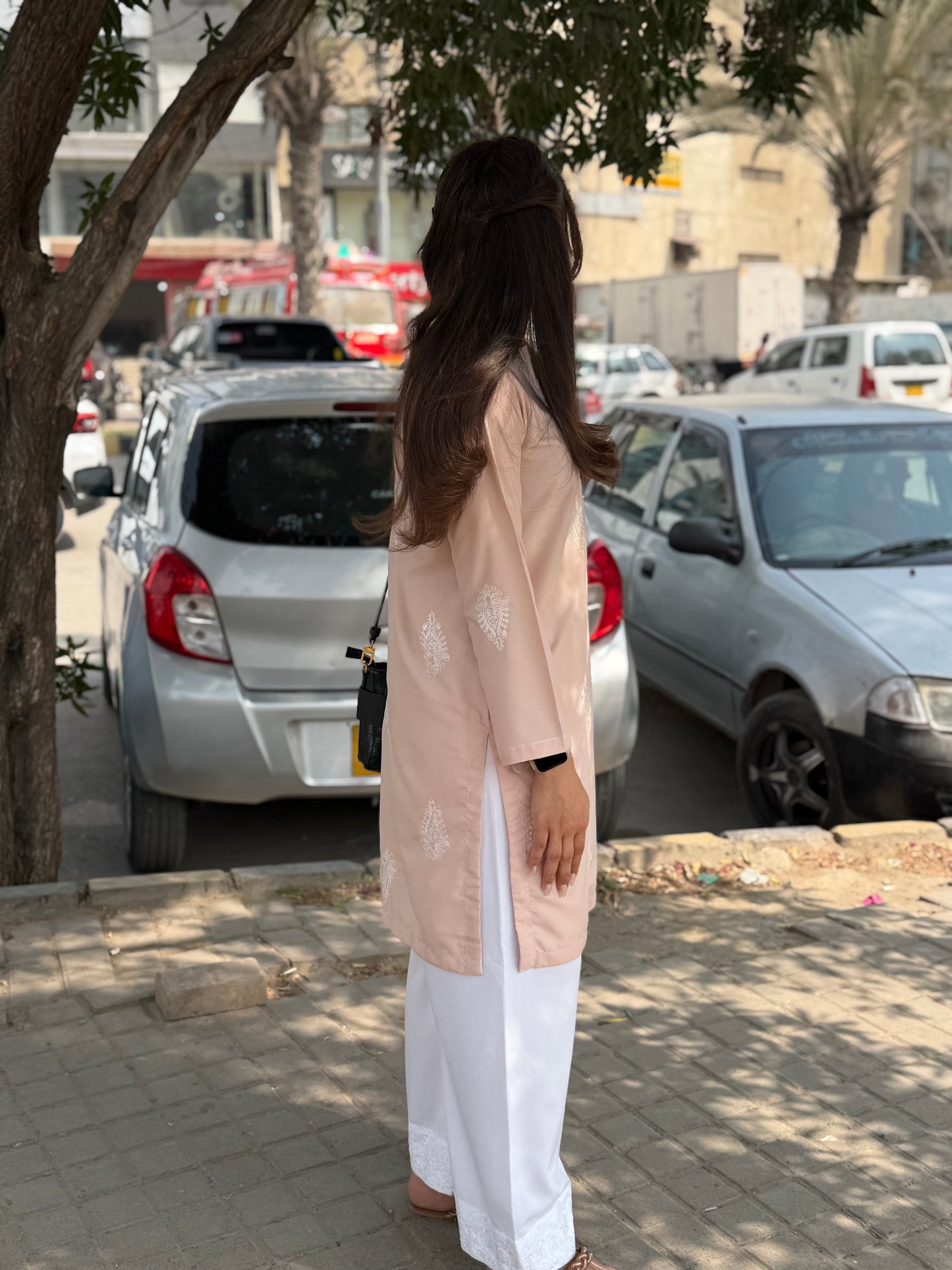 Blush Pink Printed Kurta with White Palazzo Set